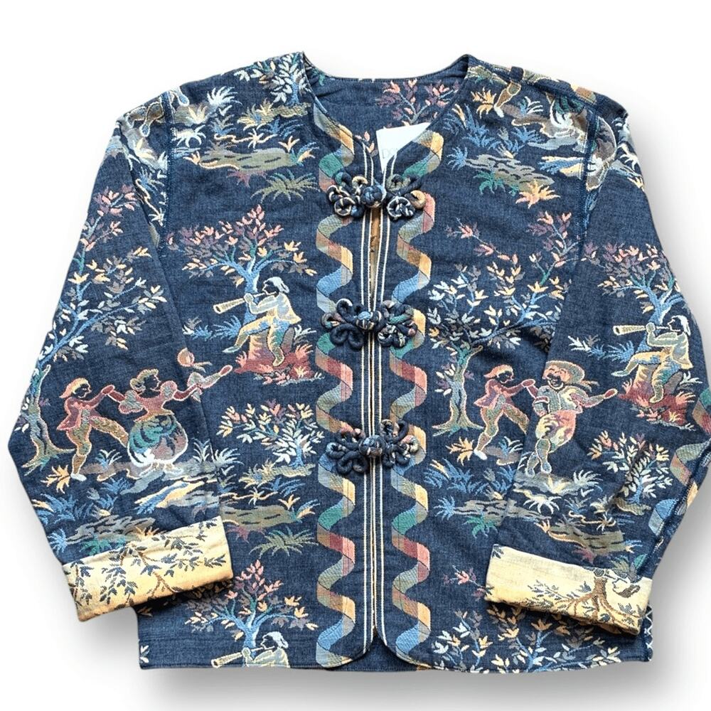 Vintage Tapestry Jacket Blue Folk Art Pastoral Scene Art To Wear Frog Closures